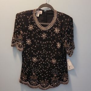 Laurence Kazar Black Beaded Embellished Short Sleeve Top